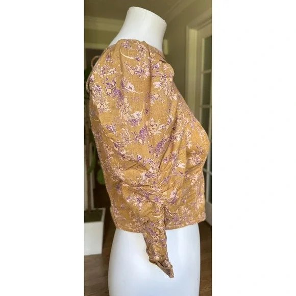 Free People Boho Floral Puff Sleeve Open Back Crop Top Mustard Purple Sz S - Picture 6 of 12